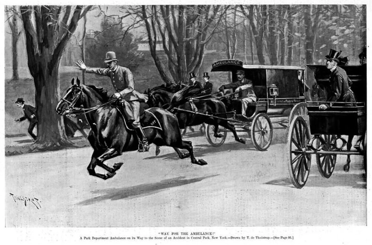 Ambulance měly při výjezdu přednost před všemi vozidly, kromě hasičských a poštovních (Way for Ambulance, Harper‘s weekly, 26. 1. 1895)